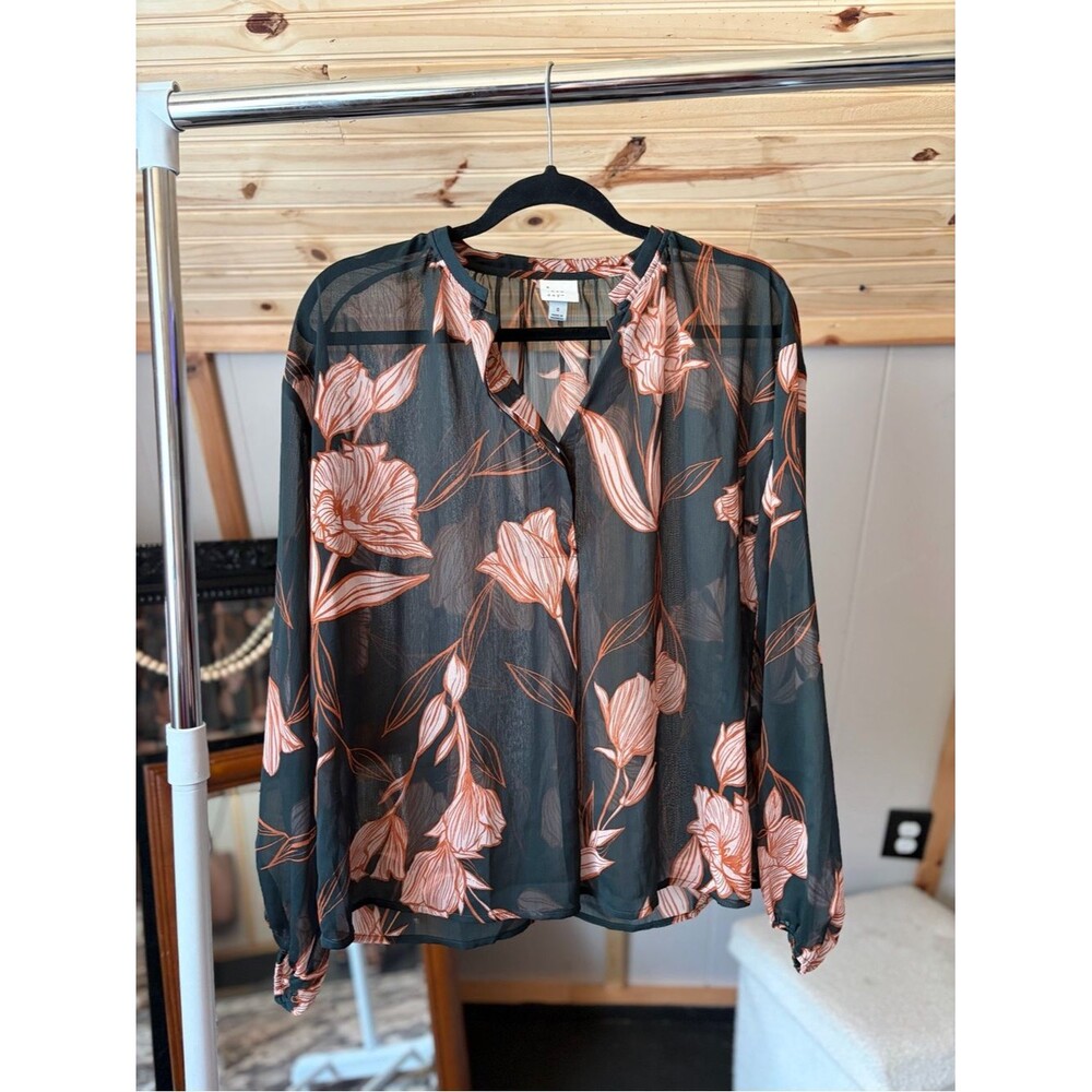 A New Day Sheer Floral Blouse - Olive Green with Peach Floral Print Smocked S